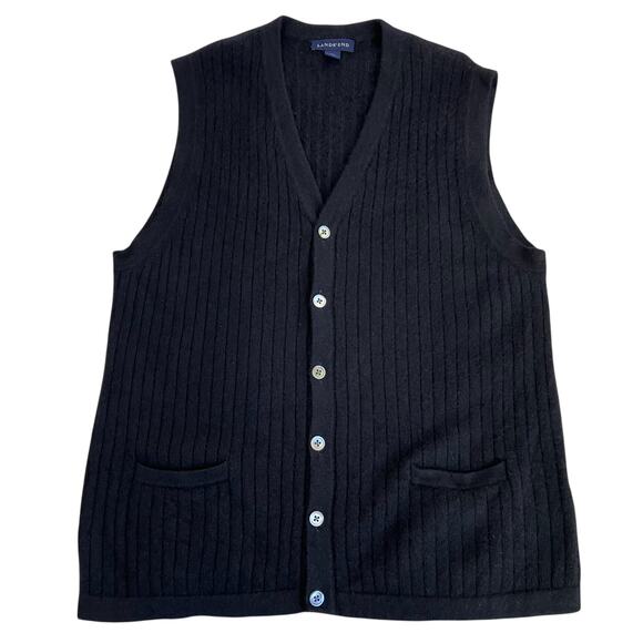 Lands’ End Mens Sz M Black 100% Cashmere Button Up Sweater Vest Pockets - Picture 6 of 16